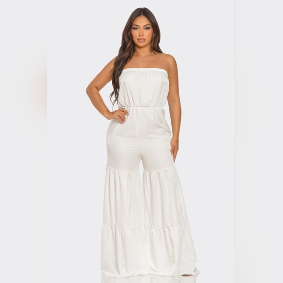 Elegant Ruffle Strapless White Jumpsuit - Picture 1 of 6